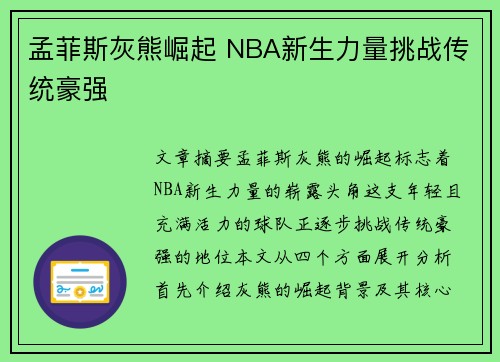 孟菲斯灰熊崛起 NBA新生力量挑战传统豪强